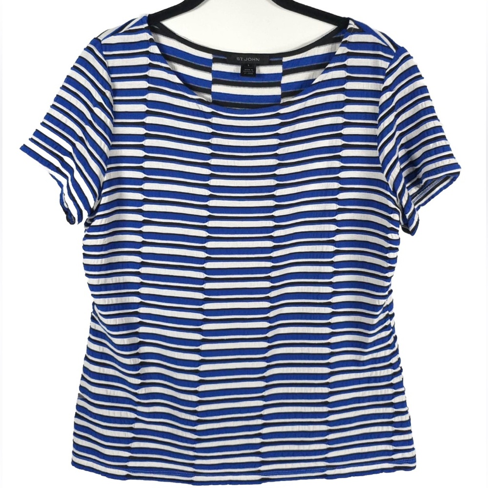 ST. JOHN Knit Semi Textured Ruffle Crew Neck Short Sleeve T-Shirt Striped LARGE‎
